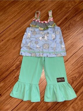 Matilda Jane Blue Unicorn Print Tank with Mint Ruffle Pants size 4